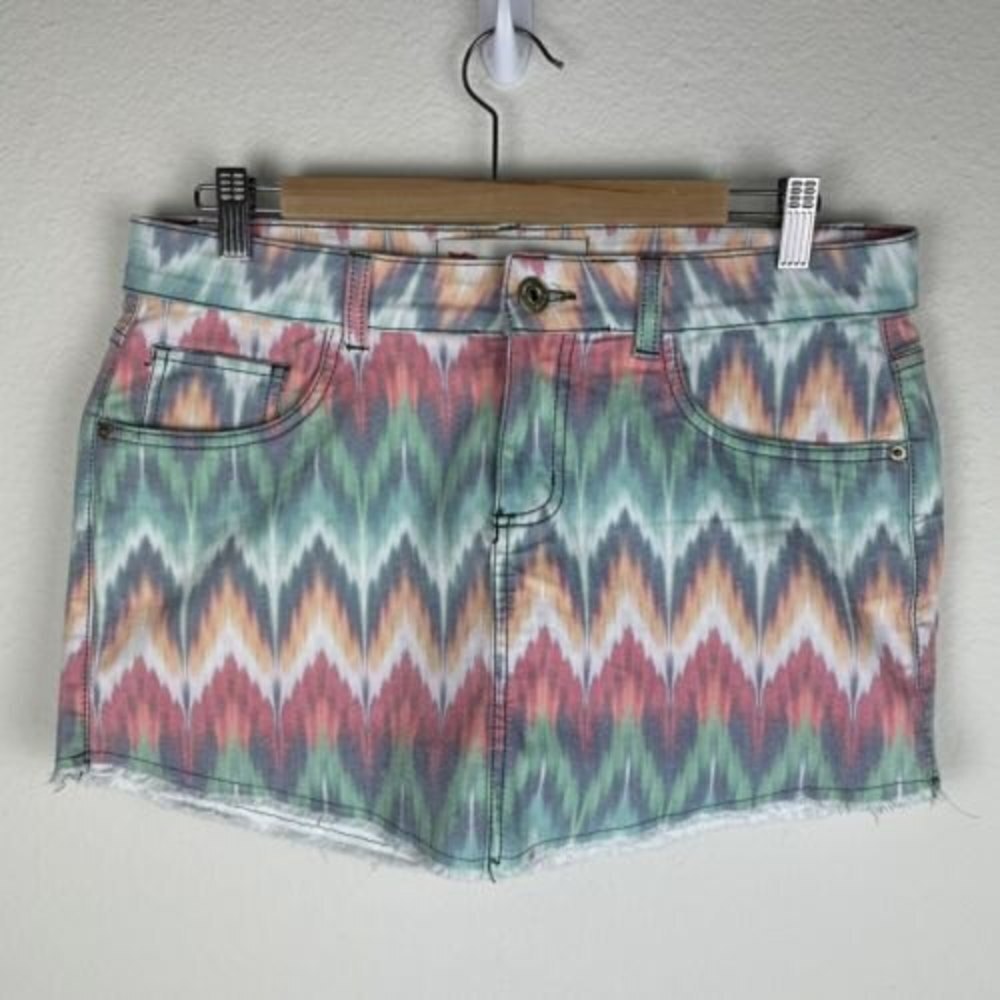 Pool Jeans Chevron Multicolored Short Skirt Boho‎ Festival Frayed Hem Size 42‌‌‌